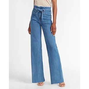 Super High Waisted Frayed Tie Waist Wide Leg Jeans
